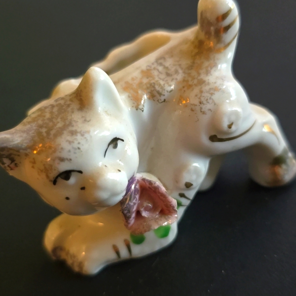 Vintage 1900s White Cat W Rose Toothpick Holder Antique Table Decor Japan